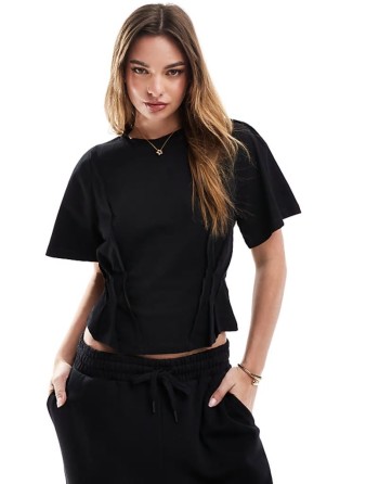 seam detail short sve corset waist t-shirt in black