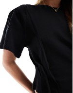 seam detail short sve corset waist t-shirt in black