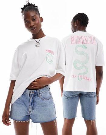 unisex oversized license band t-shirt in white with Nirvana graphic prints