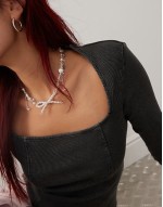 square neck panelled top with long sves in washed black