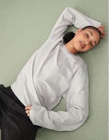 boxy fit oversized long sve t-shirt in grey melange