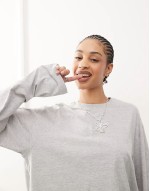 boxy fit oversized long sve t-shirt in grey melange