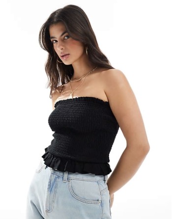 shirred bandeau top in linen blend in black
