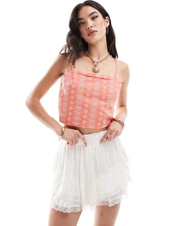 broderie tie back crop cami top in coral
