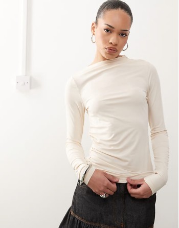 long sve high neck draped top in off white