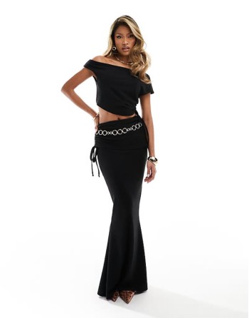 off shoulder top and maxi skirt co-ord in black