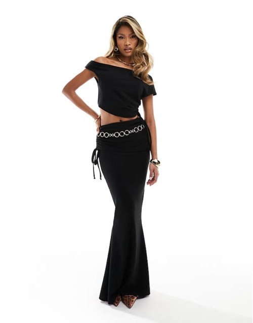 off shoulder top and maxi skirt co-ord in black