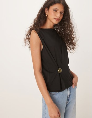 sveless top with gold button detail in black