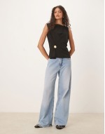sveless top with gold button detail in black