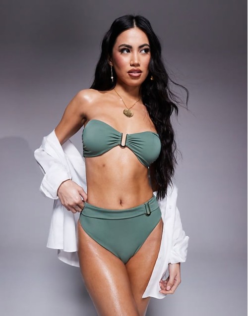 Premium Ella bikini with gold trim in khaki