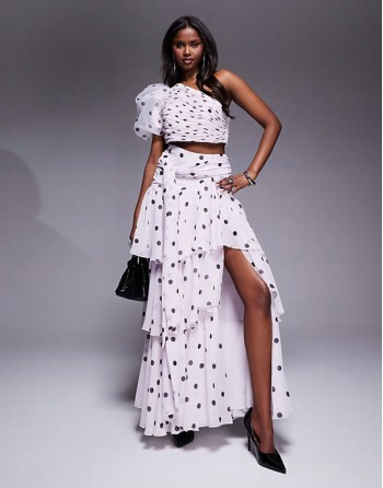 organza one shoulder blouson sve top and ruffle maxi skirt co-ord in polka dot print