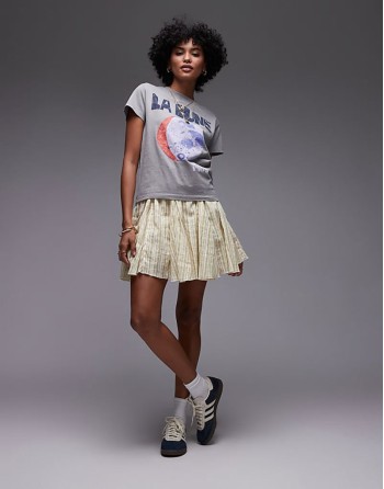 cotton flippy mini skirt with godets in yellow and green stripe
