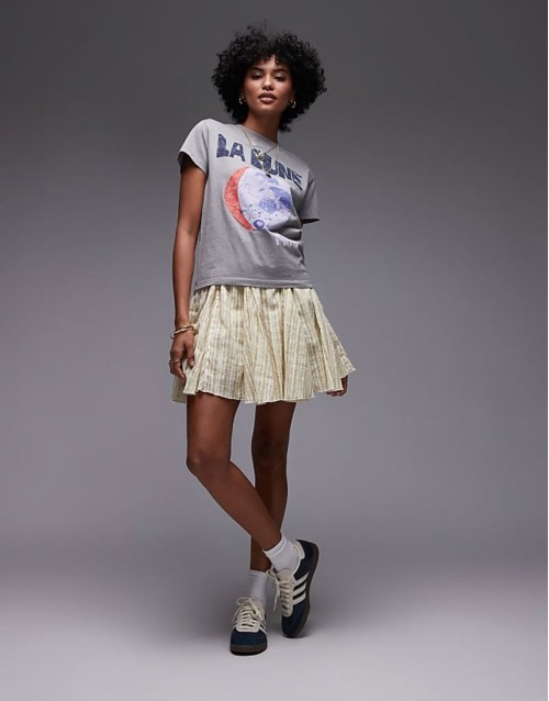 cotton flippy mini skirt with godets in yellow and green stripe