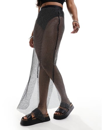 Simmi diamante mesh maxi beach skirt in black