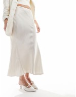 satin midi skirt with panel detail in off white