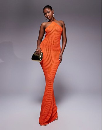 exclusive knitted halterneck open back maxi dress in orange