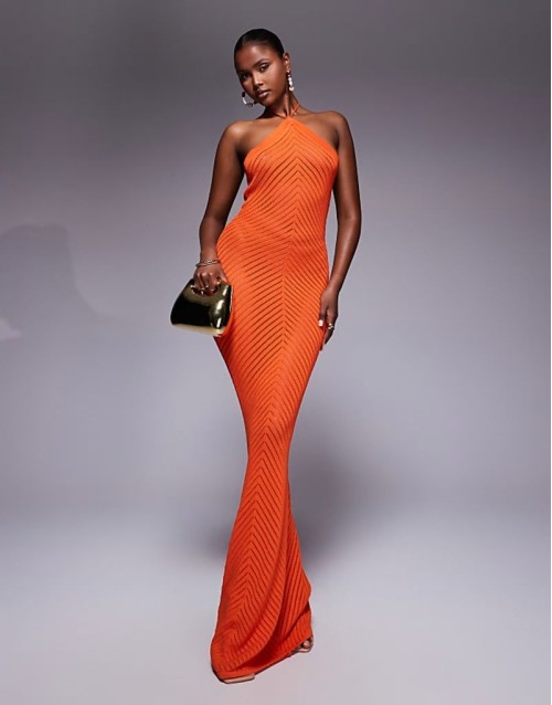 exclusive knitted halterneck open back maxi dress in orange