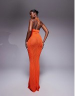 exclusive knitted halterneck open back maxi dress in orange