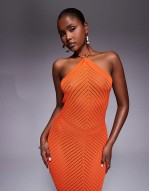 exclusive knitted halterneck open back maxi dress in orange