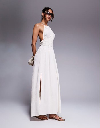 halterneck shirred maxi dress in stone
