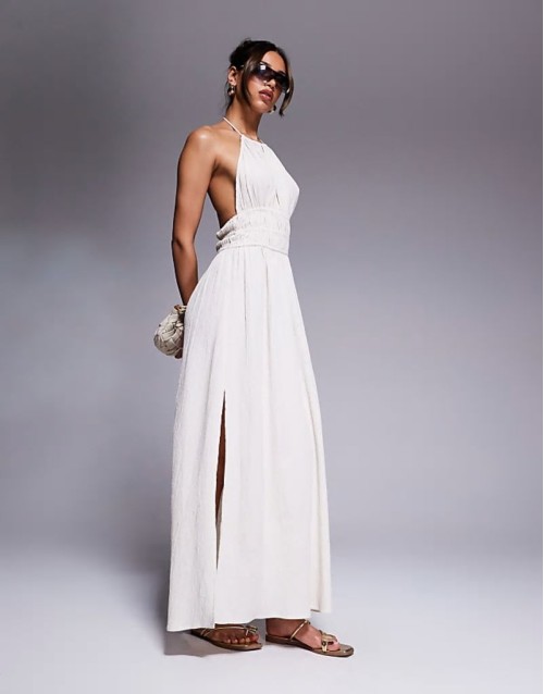 halterneck shirred maxi dress in stone