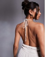halterneck shirred maxi dress in stone