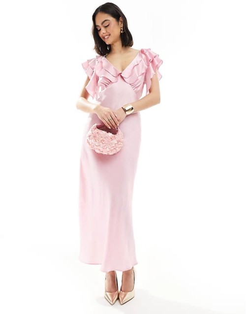 ruffle sve satin midi dress in pink