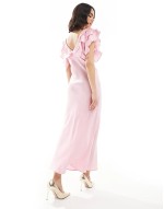 ruffle sve satin midi dress in pink
