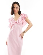 ruffle sve satin midi dress in pink