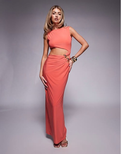 sveless cut out with hardware side detail maxi dress in coral