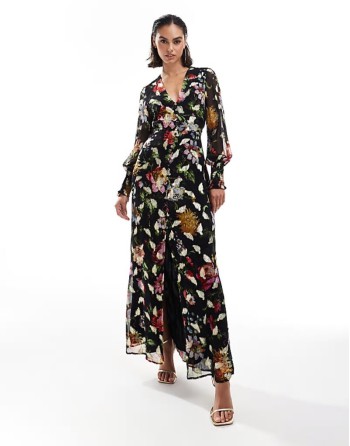 button front midaxi dress with tie back in black based floral with gold fleck