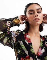 button front midaxi dress with tie back in black based floral with gold fleck