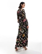 button front midaxi dress with tie back in black based floral with gold fleck