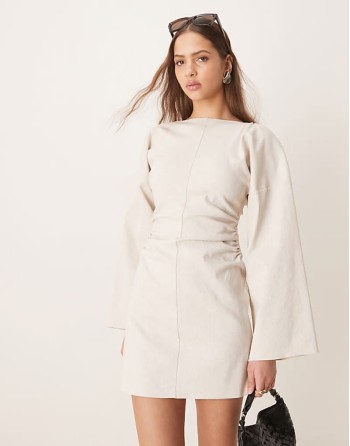 linen look bengaline flared sve open back mini dress in oatmeal