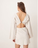 linen look bengaline flared sve open back mini dress in oatmeal