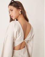 linen look bengaline flared sve open back mini dress in oatmeal