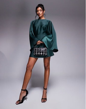 satin batwing playsuit with skort detail in forest green
