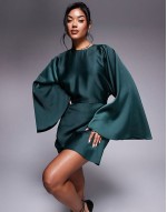 satin batwing playsuit with skort detail in forest green