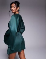 satin batwing playsuit with skort detail in forest green