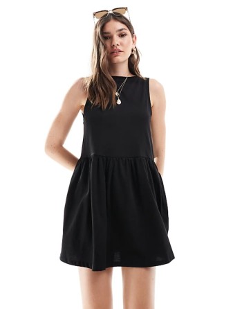 sveless smock mini dress with low back in black