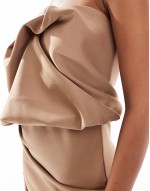 structured bandeau folded bust detail midi dress in mocha