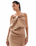 structured bandeau folded bust detail midi dress in mocha
