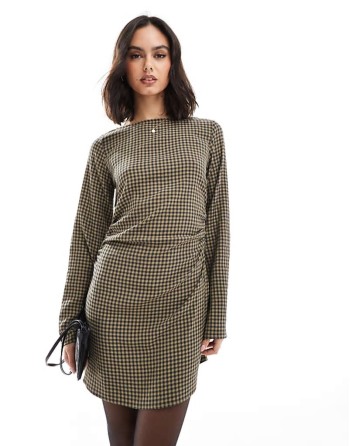 slash neck gathered waist mini dress in khaki gingham