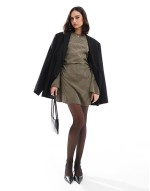 slash neck gathered waist mini dress in khaki gingham