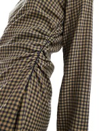 slash neck gathered waist mini dress in khaki gingham