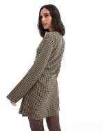 slash neck gathered waist mini dress in khaki gingham