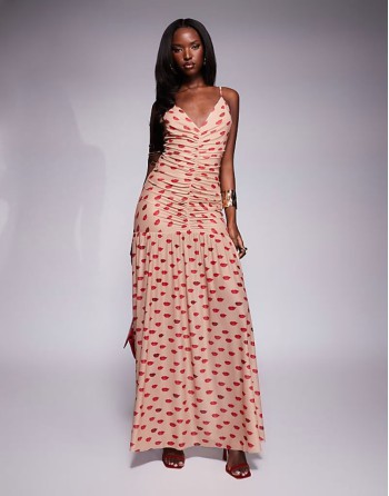 Harlo plunge maxi dress with ruched detailing in almond kiss