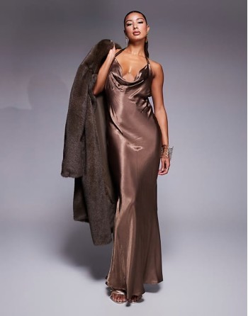 satin cowl neck plunge halter maxi in chocolate