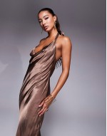 satin cowl neck plunge halter maxi in chocolate