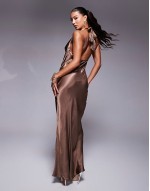 satin cowl neck plunge halter maxi in chocolate